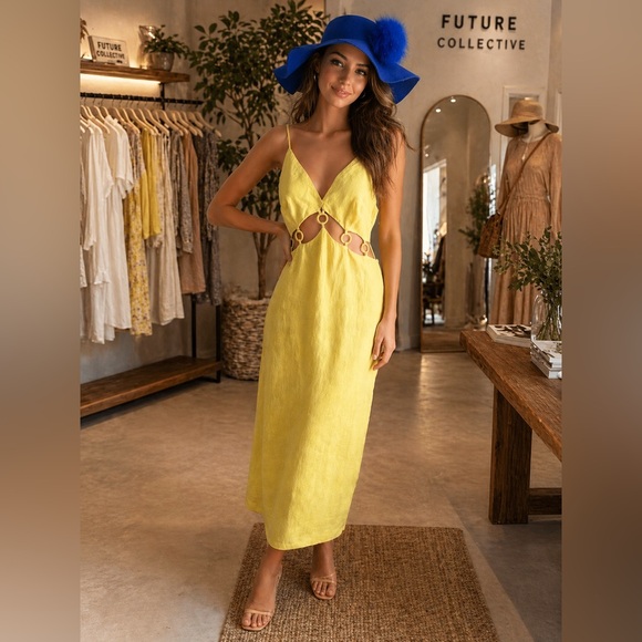 Future Collective Dresses & Skirts - Women's Yellow Cutout Midi Dress - Spaghetti Strap Summer Dress Size 10